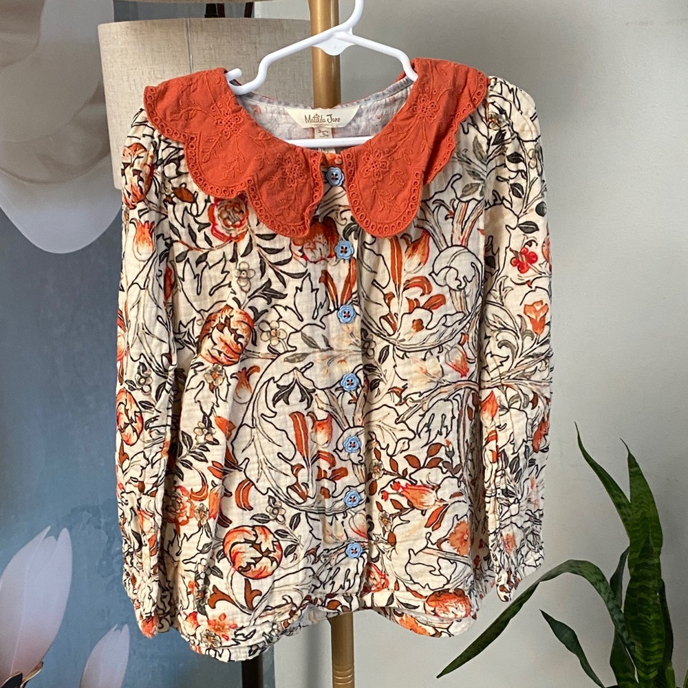 Matilda Jane Orange Scalloped Collar Printed Button-Up Blouse 100%cotton size 8